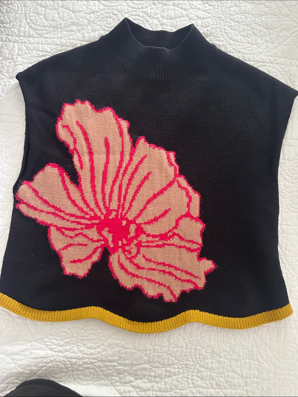 Anthropologie Black Floral Knit Sleeveless Mock Neck sweater